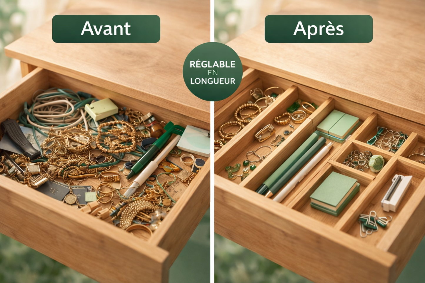 RangéO™ – Séparateurs de tiroirs ajustables effet bambou